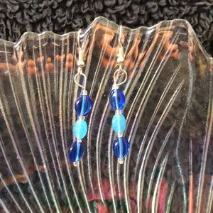 Cobalt & Light Blue Triple Glass Bead Dangle Earrings